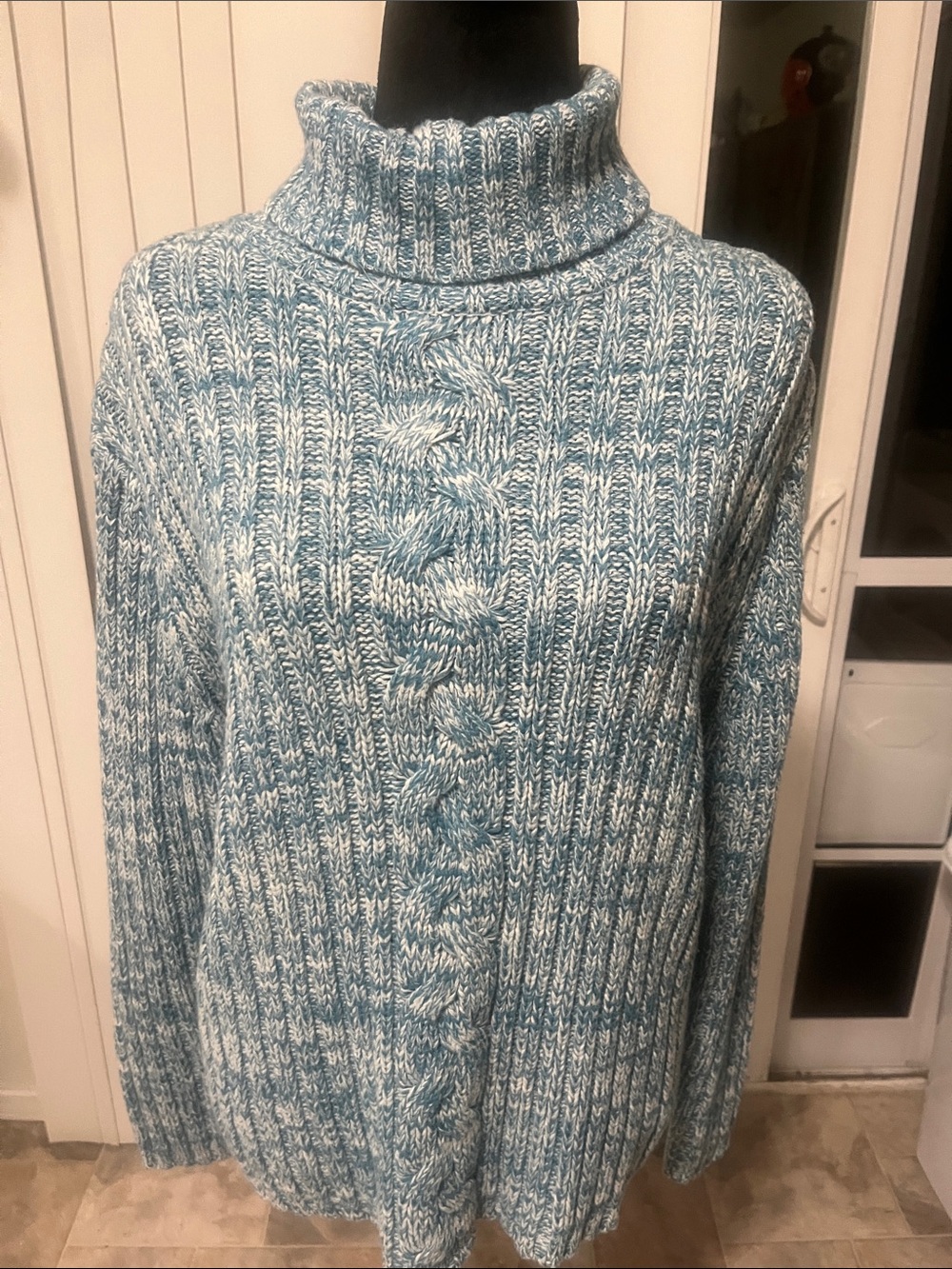 Basic Editions Blue-White Marled Cable Turtleneck Sweater